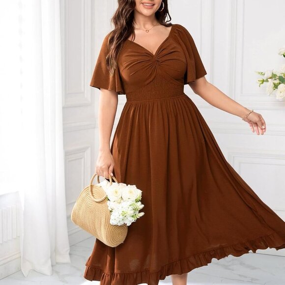 Plus Size Maxi Dress Flowy A-Line Summer Formal Beach V Neck Flutter Sleeve - Picture 3 of 5